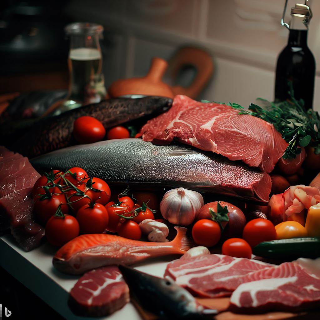 Mięso, ryby, warzywa na blacie kuchennym
