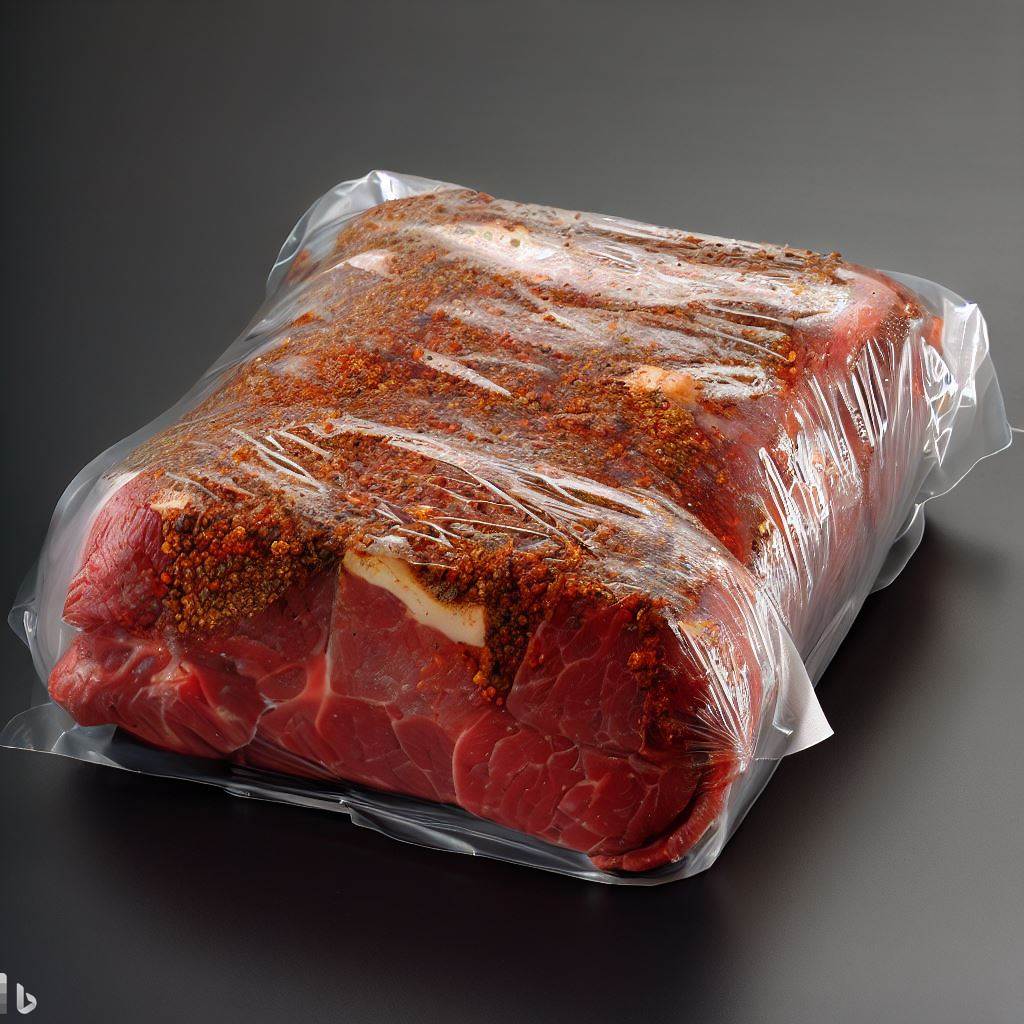 przyprawione mięso hermetycznie zapakowane w folię spożywczą przezroczystą