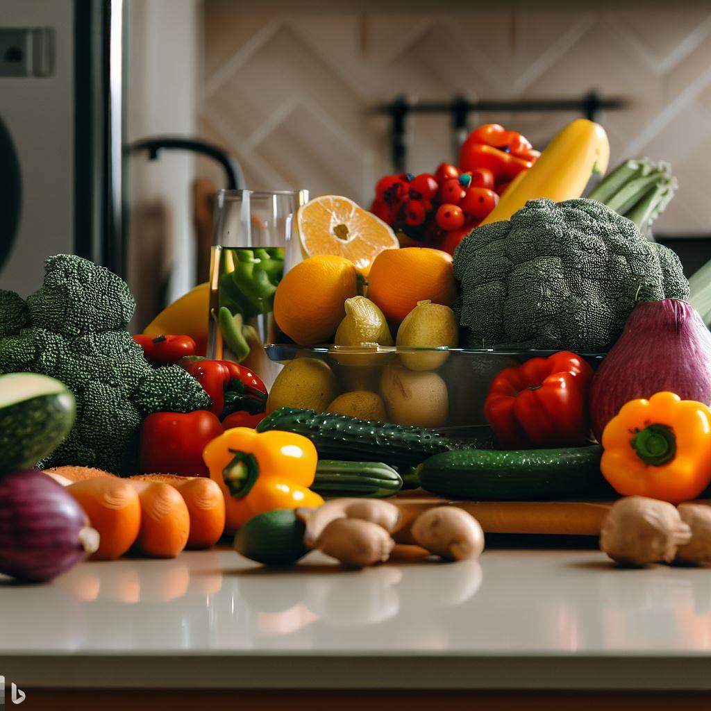 warzywa i owoce na blacie kuchennym