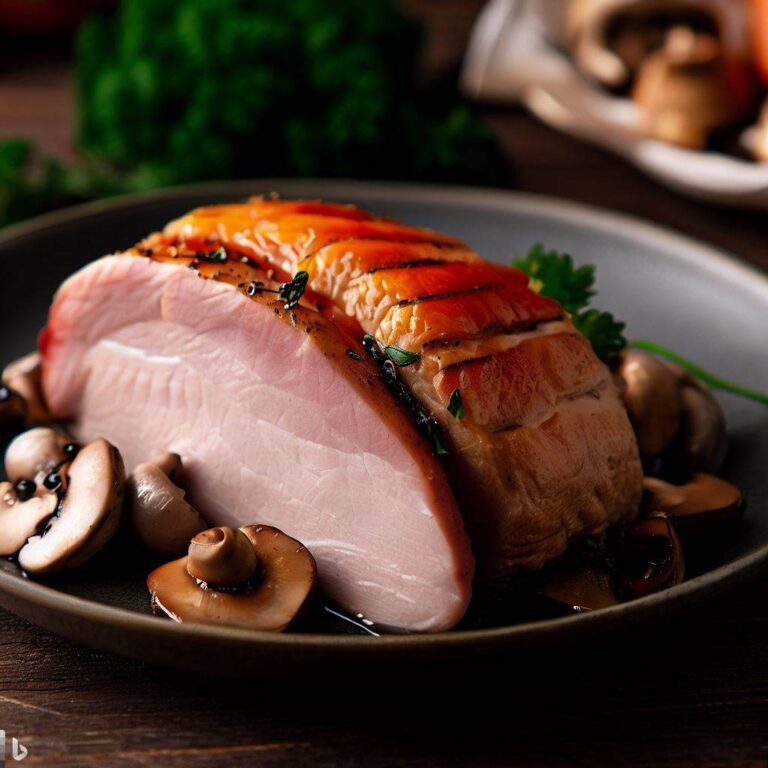 Schab sous-vide w talerzu z pieczarkami na tle drewnianego stołu