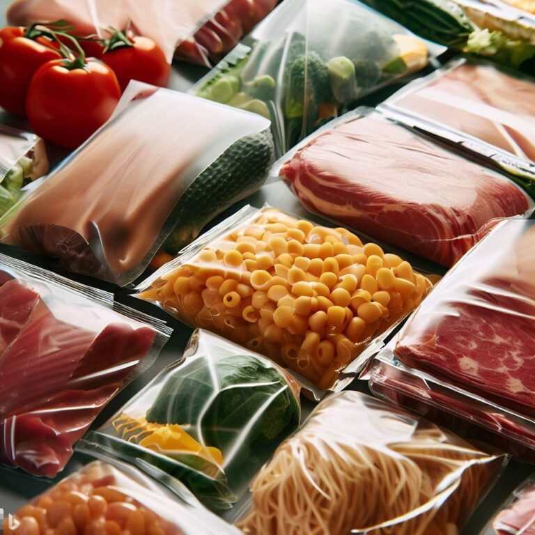 Różne produkty spożywcze umieszczone w próżniowych opakowaniach.