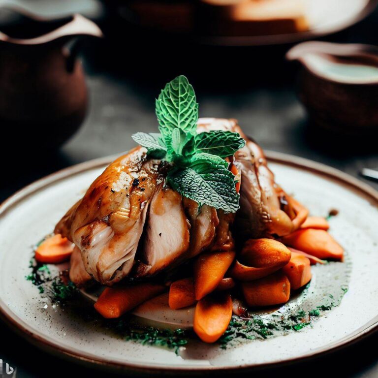 Fotografia soczystego kurczaka sous-vide z aromatyczną marchewką na talerzu, podanego z sosem miętowym